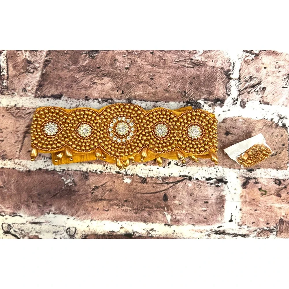 Gold Beaded Rhinestone Scalloped Elastic Waist Belt Ethnic Kamarband Statement